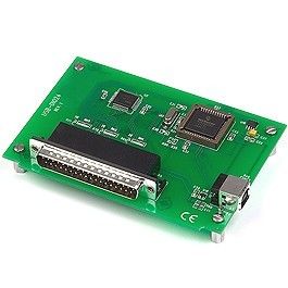 USB-powered digital I/O board with 24 high-current (64mA sink, 15mA source) digital I/O with 37-pin D-Sub connector