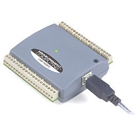 USB-based DAQ device with 8 analog inputs, up to 14-bit resolution, 48 kS/s, 2 analog outputs, and 16 digital I/O lines